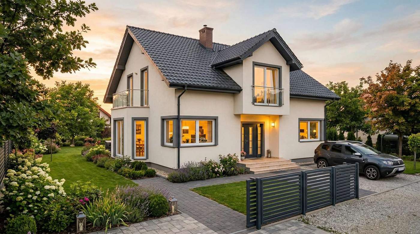 Casa moderna cu ferestre PVC si lumini calde la apus, tamplarie premium TERMOCLASS.