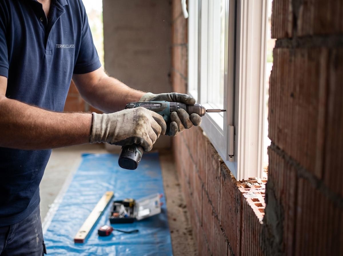Tehnician TERMOCLASS montand o fereastra PVC alba intr-o locuinta, lucru curat si metodic.