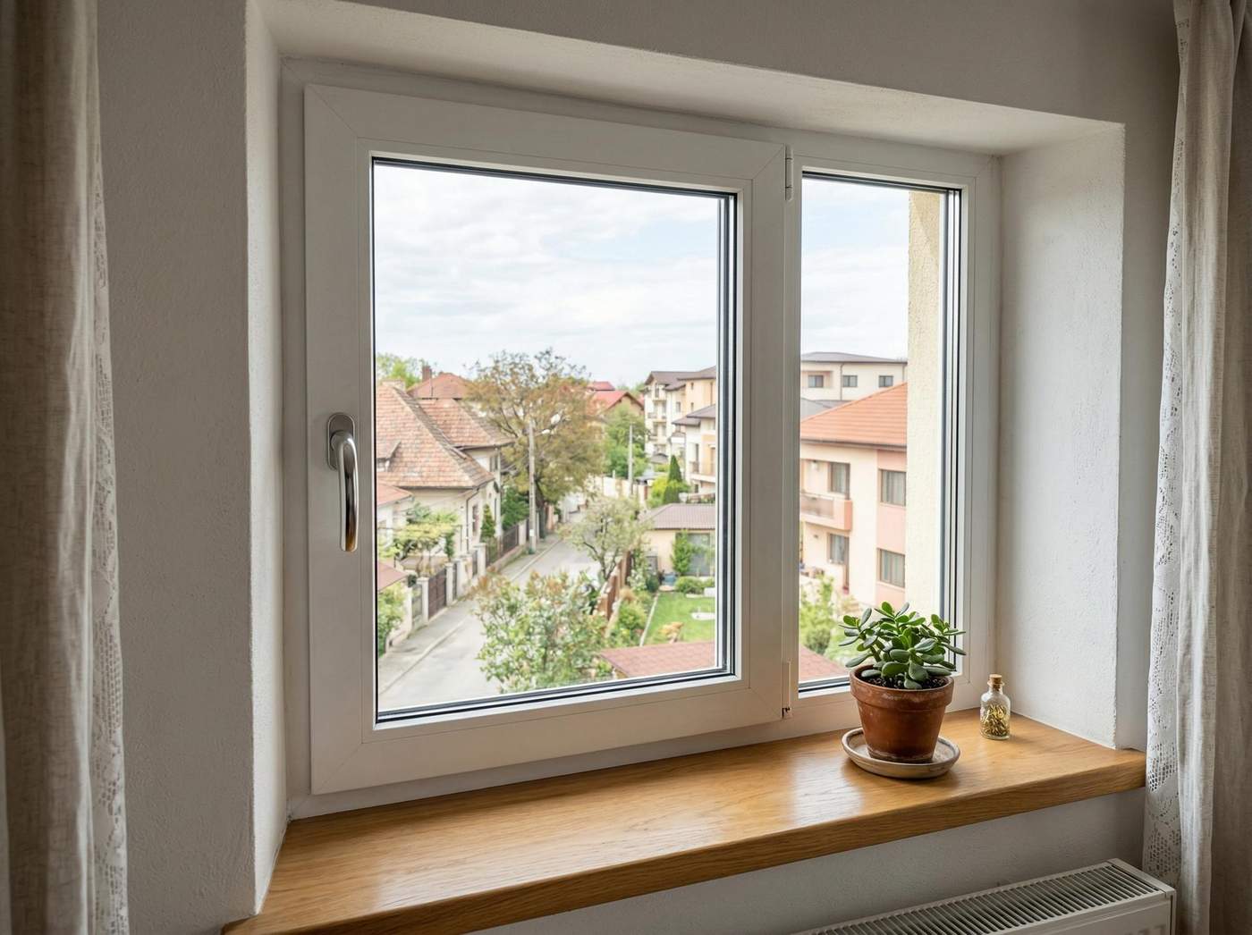 Fereastra PVC alba cu profil curat, maner cromat si vedere spre cartier, interior luminos.